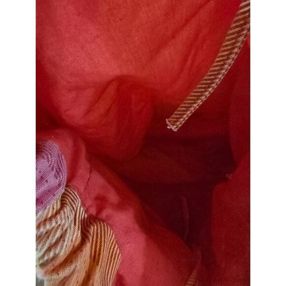 Plaid Cotton Tote Bag With Knotted Handles - Pink Orange & Yellow Boho Style - Picture 4 of 5